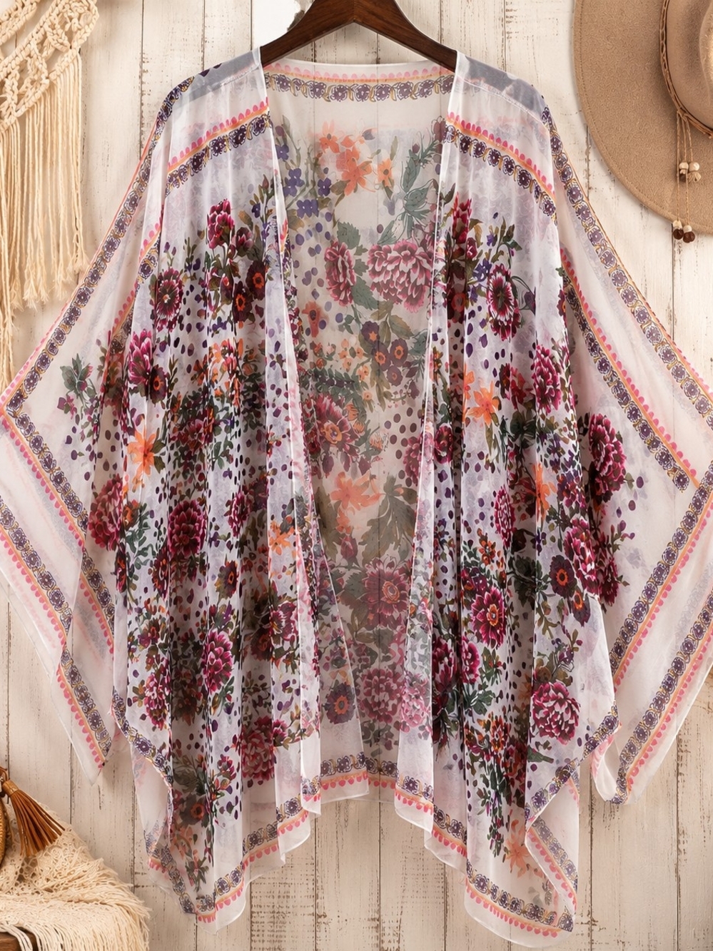 Feitong Floral Boho Batwing Kimono Cover Up OS